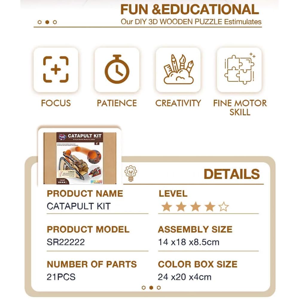 LIVEVIE 3D Wooden Catapult Kit STEM Toy for Kids, Includes Panels,