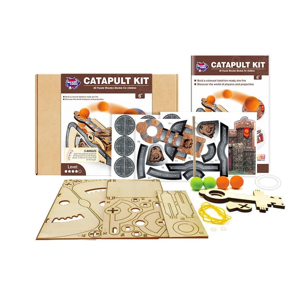 LIVEVIE 3D Wooden Catapult Kit STEM Toy for Kids, Includes Panels,