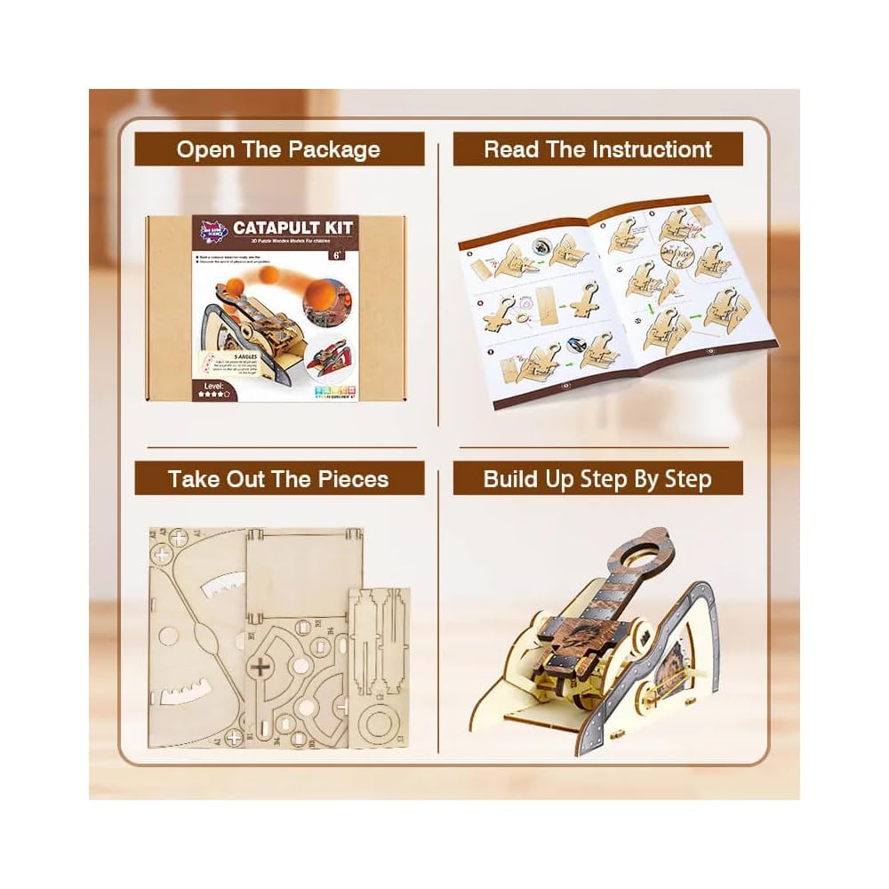 LIVEVIE 3D Wooden Catapult Kit STEM Toy for Kids, Includes Panels,